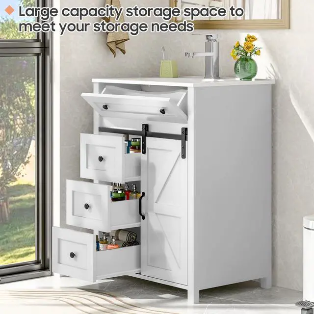 Alt view image 4 of 6 - 24 Inch Bathroom Vanity with 4 Drawers and Sliding Door, Freestanding Bathroom Storage Cabinet with Sink Combo, Vintage Vanity Cabinet with Ceramic Sink, Faucet, Drain, White