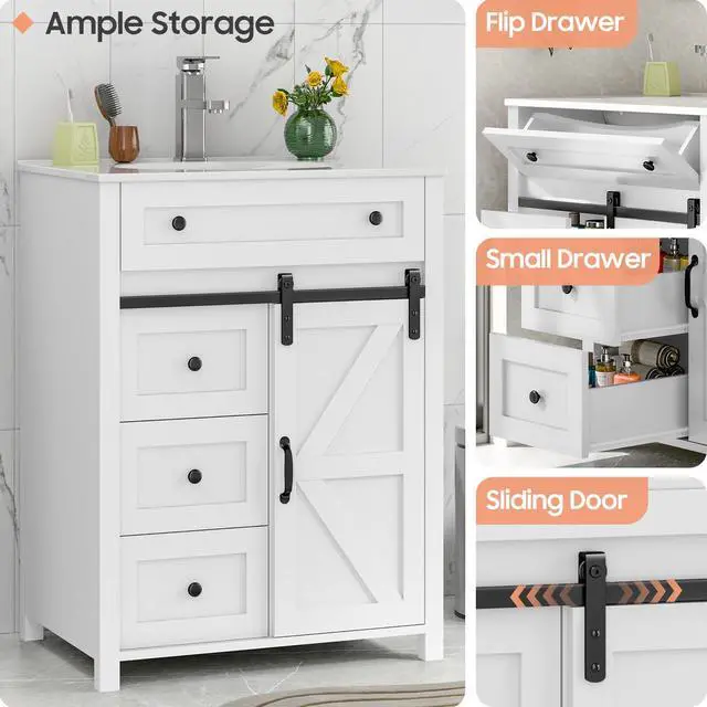 Alt view image 5 of 6 - 24 Inch Bathroom Vanity with 4 Drawers and Sliding Door, Freestanding Bathroom Storage Cabinet with Sink Combo, Vintage Vanity Cabinet with Ceramic Sink, Faucet, Drain, White