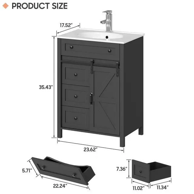Alt view image 2 of 6 - 24 Inch Bathroom Vanity with 4 Drawers and Sliding Door, Freestanding Bathroom Storage Cabinet with Sink Combo, Vintage Vanity Cabinet with Ceramic Sink, Faucet, Drain, Grey
