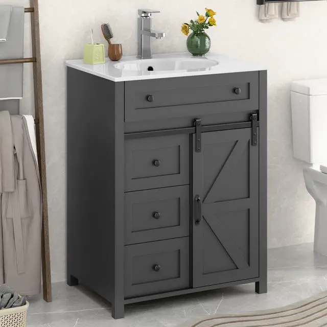 Alt view image 3 of 6 - 24 Inch Bathroom Vanity with 4 Drawers and Sliding Door, Freestanding Bathroom Storage Cabinet with Sink Combo, Vintage Vanity Cabinet with Ceramic Sink, Faucet, Drain, Grey