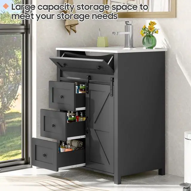 Alt view image 4 of 6 - 24 Inch Bathroom Vanity with 4 Drawers and Sliding Door, Freestanding Bathroom Storage Cabinet with Sink Combo, Vintage Vanity Cabinet with Ceramic Sink, Faucet, Drain, Grey
