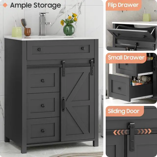 Alt view image 5 of 6 - 24 Inch Bathroom Vanity with 4 Drawers and Sliding Door, Freestanding Bathroom Storage Cabinet with Sink Combo, Vintage Vanity Cabinet with Ceramic Sink, Faucet, Drain, Grey