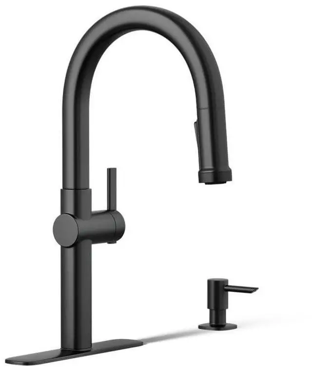 Main image of R22153-SD-BL Rune Single Handle Kitchen Faucet with Pull Down Sprayer and Soap Dispenser, Matte Black