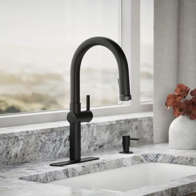 Alt view image 2 of 6 - R22153-SD-BL Rune Single Handle Kitchen Faucet with Pull Down Sprayer and Soap Dispenser, Matte Black