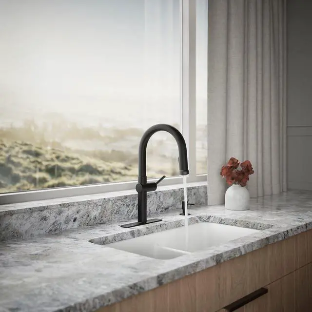 Alt view image 4 of 6 - R22153-SD-BL Rune Single Handle Kitchen Faucet with Pull Down Sprayer and Soap Dispenser, Matte Black