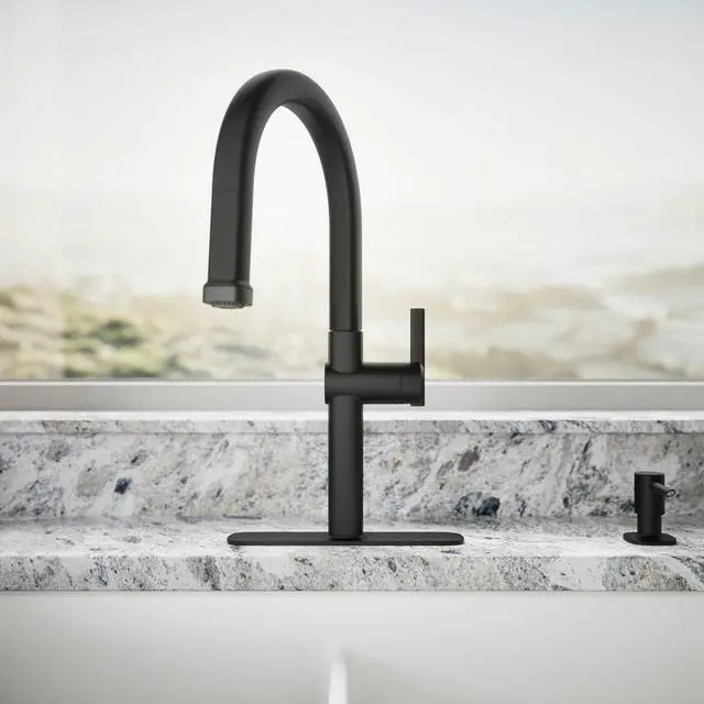 Alt view image 5 of 6 - R22153-SD-BL Rune Single Handle Kitchen Faucet with Pull Down Sprayer and Soap Dispenser, Matte Black