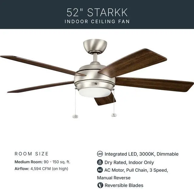 Alt view image 4 of 6 - Starkk 52" Ceiling Fan with LED Lights in Brushed Nickel, 5-Blade Traditional Fan with reversible Silver/Walnut blades, 3000K, (52" W x 13.75" H), 330174NI