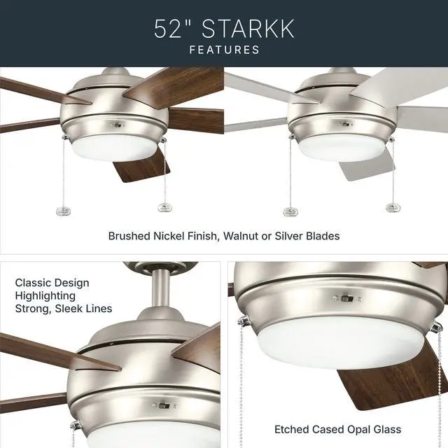 Alt view image 5 of 6 - Starkk 52" Ceiling Fan with LED Lights in Brushed Nickel, 5-Blade Traditional Fan with reversible Silver/Walnut blades, 3000K, (52" W x 13.75" H), 330174NI