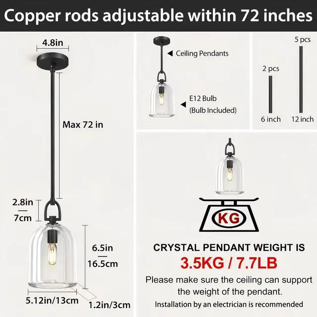 Alt view image 2 of 6 - K9 Crystal Black Pendant Light Fixtures, Modern Farmhouse Pendant Lights Kitchen Island, Kitchen Pendant Light Over Island, Indoor Cloche Crystal Pendant Lighting,E12 Bulb Included