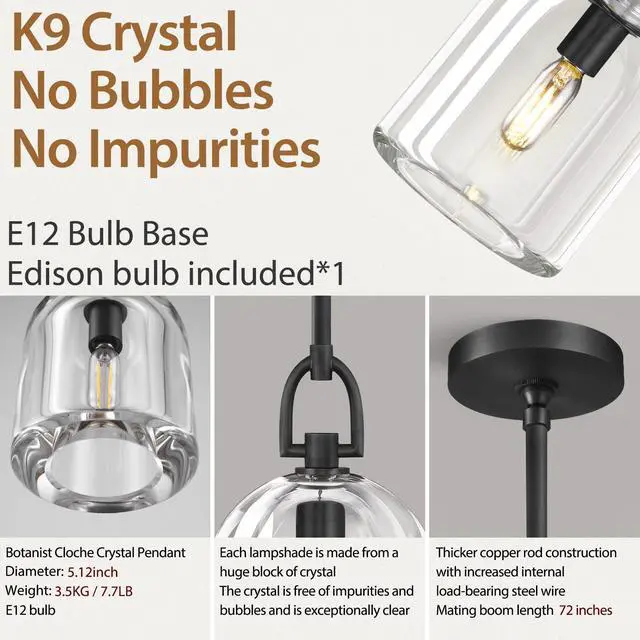 Alt view image 4 of 6 - K9 Crystal Black Pendant Light Fixtures, Modern Farmhouse Pendant Lights Kitchen Island, Kitchen Pendant Light Over Island, Indoor Cloche Crystal Pendant Lighting,E12 Bulb Included