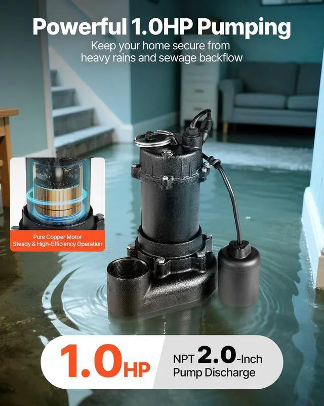 Alt view image 2 of 6 - Submersible Sewage Pump, 1 HP, 5200 GPH Cast Iron Sewage/Effluent Pump with Automatic Tethered Float Switch, 2-Inch NPT Discharge, 120V, 25 ft Max Lift, for Basement, Septic Tank, Residential