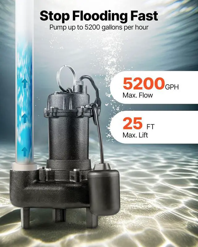Alt view image 3 of 6 - Submersible Sewage Pump, 1 HP, 5200 GPH Cast Iron Sewage/Effluent Pump with Automatic Tethered Float Switch, 2-Inch NPT Discharge, 120V, 25 ft Max Lift, for Basement, Septic Tank, Residential
