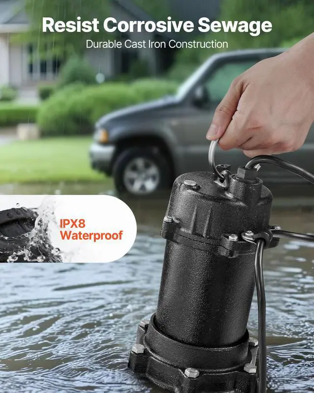 Alt view image 4 of 6 - Submersible Sewage Pump, 1 HP, 5200 GPH Cast Iron Sewage/Effluent Pump with Automatic Tethered Float Switch, 2-Inch NPT Discharge, 120V, 25 ft Max Lift, for Basement, Septic Tank, Residential