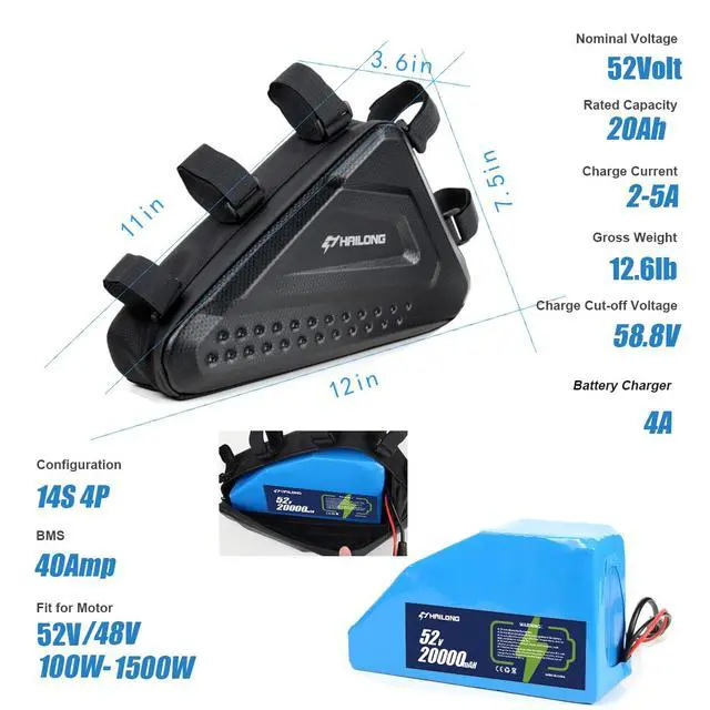 Alt view image 2 of 6 - 52V 20Ah Battery Power Pack with Waterproof Triangle Bag & 4A Fast Adapter, 1040W Battery for 250W-1500W Motors, 3-Prong XLR Connector, Fits Mountain/Road Bikes