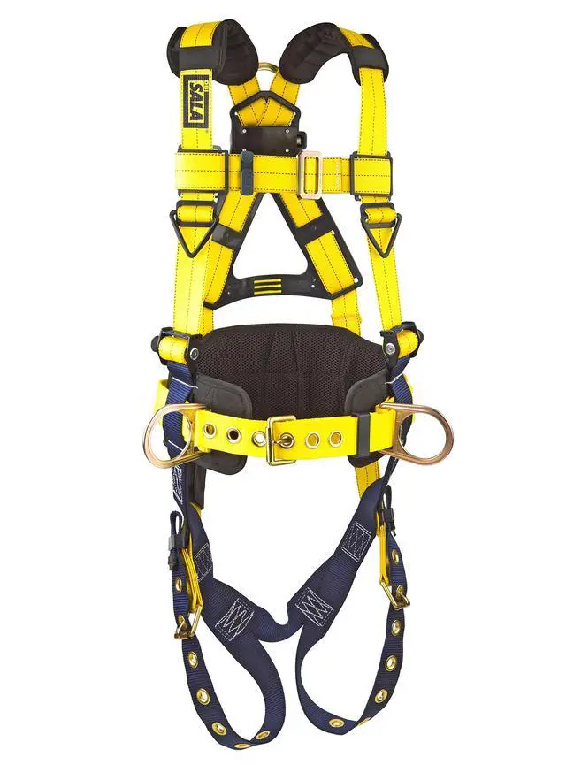 Alt view image 3 of 6 - DBI-SALA Delta 1101656 Construction Harness, Back/Side D-Rings, Belt w/Sewn-In Back & Shoulder Pads, Tongue Buckle Leg Straps, X-Large, Navy/Yellow