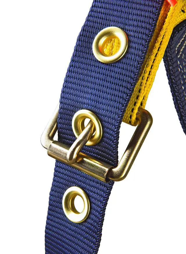 Alt view image 5 of 6 - DBI-SALA Delta 1101656 Construction Harness, Back/Side D-Rings, Belt w/Sewn-In Back & Shoulder Pads, Tongue Buckle Leg Straps, X-Large, Navy/Yellow