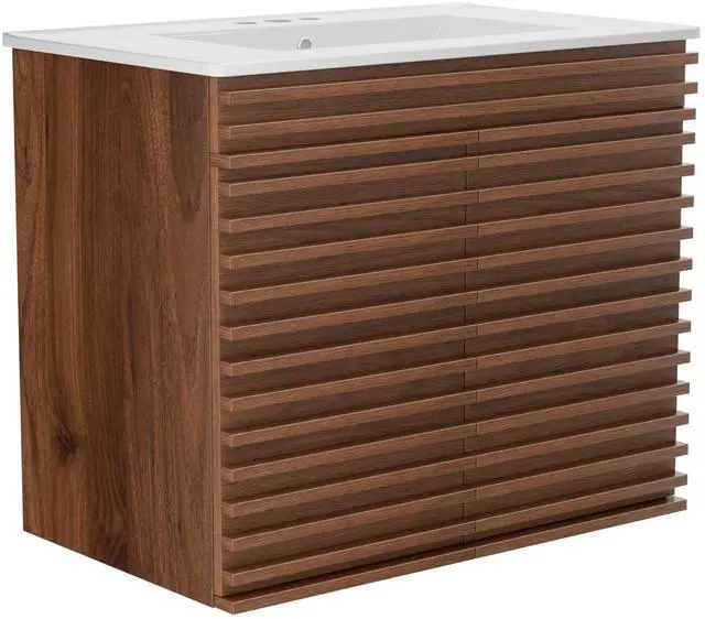 Main image of 30" Bathroom Vanity with Ceramic Sink Combo, Mid-Century Wall Mounted Floating Vanity Cabinet with 2 Closing Doors, Wood Grain Texture, Walnut