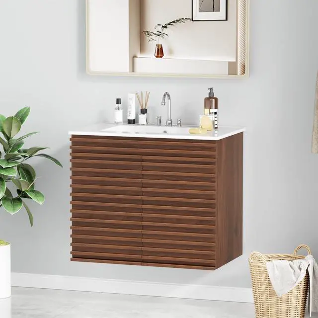 Alt view image 2 of 6 - 30" Bathroom Vanity with Ceramic Sink Combo, Mid-Century Wall Mounted Floating Vanity Cabinet with 2 Closing Doors, Wood Grain Texture, Walnut