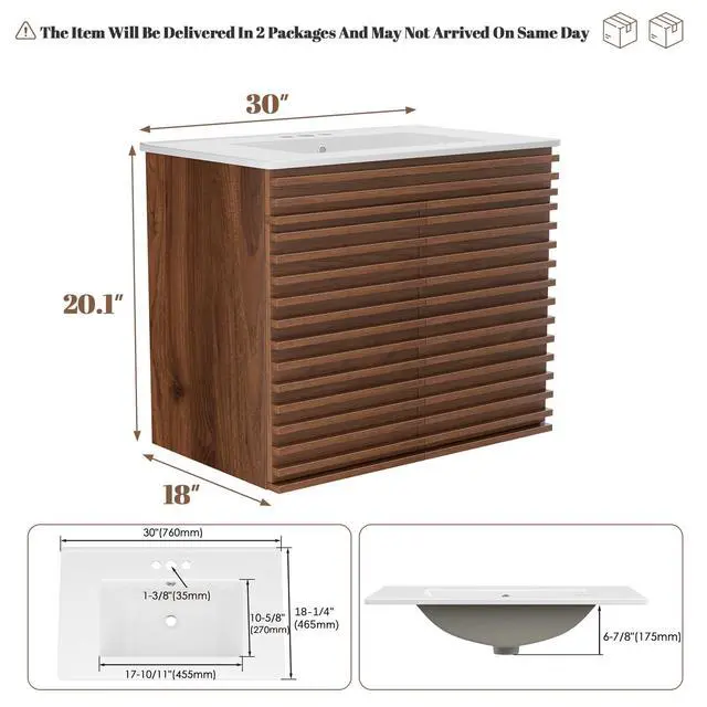 Alt view image 3 of 6 - 30" Bathroom Vanity with Ceramic Sink Combo, Mid-Century Wall Mounted Floating Vanity Cabinet with 2 Closing Doors, Wood Grain Texture, Walnut