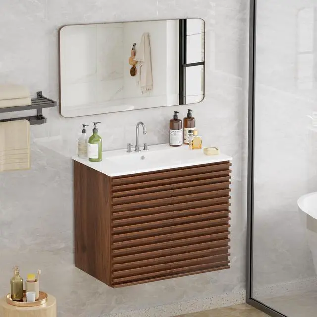 Alt view image 6 of 6 - 30" Bathroom Vanity with Ceramic Sink Combo, Mid-Century Wall Mounted Floating Vanity Cabinet with 2 Closing Doors, Wood Grain Texture, Walnut
