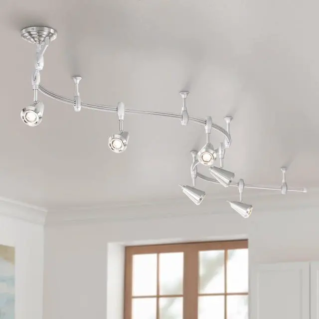 Main image of Track Light Fixture - 6 Head LED Track Light, Brushed Nickel, Adjustable Monorail Modern for Ceilings, Kitchen Islands, Bedrooms, Foyers, Living Rooms - 108" Wide, 9 1/4" High