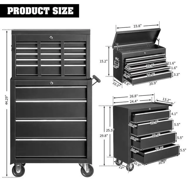 Alt view image 3 of 6 - 9-Drawer Rolling Tool Chest with Wheels & Lock & Key, Tool Box with Large Storage Cabinet, Removable Portable Top Box for Garage, Warehouse, Repair Shop & Home