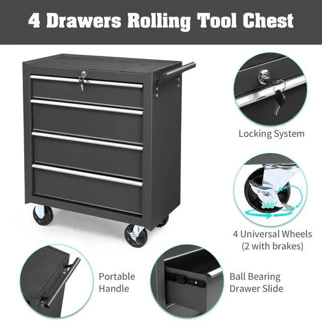Alt view image 4 of 6 - 9-Drawer Rolling Tool Chest with Wheels & Lock & Key, Tool Box with Large Storage Cabinet, Removable Portable Top Box for Garage, Warehouse, Repair Shop & Home