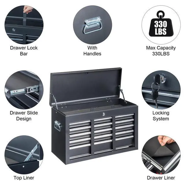Alt view image 5 of 6 - 9-Drawer Rolling Tool Chest with Wheels & Lock & Key, Tool Box with Large Storage Cabinet, Removable Portable Top Box for Garage, Warehouse, Repair Shop & Home
