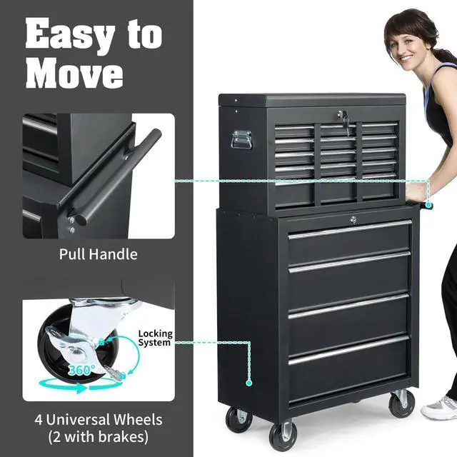Alt view image 6 of 6 - 9-Drawer Rolling Tool Chest with Wheels & Lock & Key, Tool Box with Large Storage Cabinet, Removable Portable Top Box for Garage, Warehouse, Repair Shop & Home