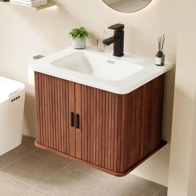 Main image of 24 Inch Floating Bathroom Vanity with Sink, Wall Mounted Bath Vanity Combo with Fluted Sliding Doors, Small Space Bathroom Cabinet with Ceramic Vessel Sink, Faucet & Drain Included (Walnut)