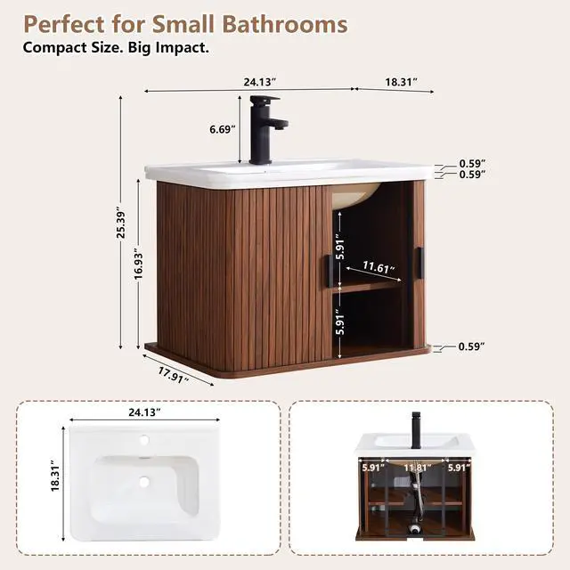 Alt view image 2 of 6 - 24 Inch Floating Bathroom Vanity with Sink, Wall Mounted Bath Vanity Combo with Fluted Sliding Doors, Small Space Bathroom Cabinet with Ceramic Vessel Sink, Faucet & Drain Included (Walnut)