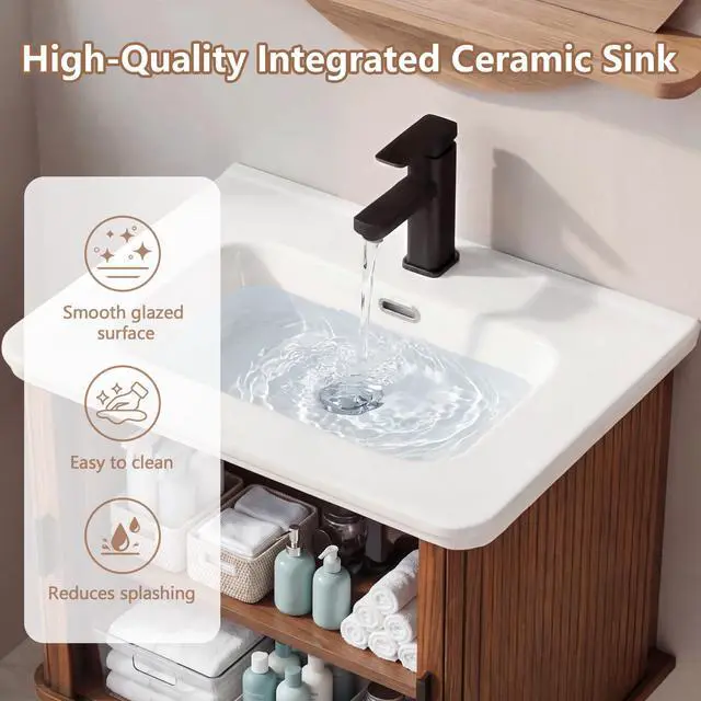 Alt view image 3 of 6 - 24 Inch Floating Bathroom Vanity with Sink, Wall Mounted Bath Vanity Combo with Fluted Sliding Doors, Small Space Bathroom Cabinet with Ceramic Vessel Sink, Faucet & Drain Included (Walnut)