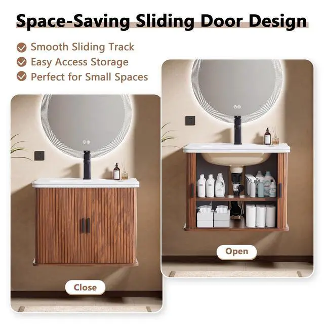 Alt view image 4 of 6 - 24 Inch Floating Bathroom Vanity with Sink, Wall Mounted Bath Vanity Combo with Fluted Sliding Doors, Small Space Bathroom Cabinet with Ceramic Vessel Sink, Faucet & Drain Included (Walnut)