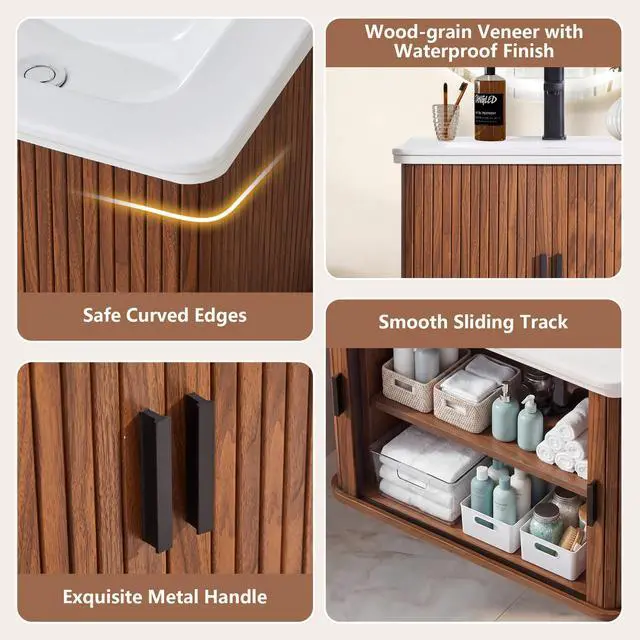 Alt view image 5 of 6 - 24 Inch Floating Bathroom Vanity with Sink, Wall Mounted Bath Vanity Combo with Fluted Sliding Doors, Small Space Bathroom Cabinet with Ceramic Vessel Sink, Faucet & Drain Included (Walnut)
