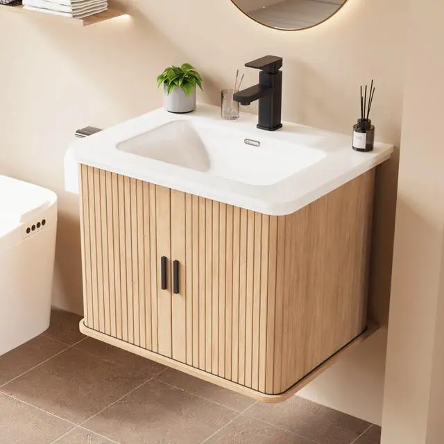 Main image of 24 Inch Floating Bathroom Vanity with Sink, Wall Mounted Bath Vanity Combo with Fluted Sliding Doors, Small Space Bathroom Cabinet with Ceramic Vessel Sink, Faucet & Drain Included (Natural Oak)