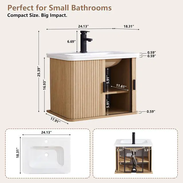Alt view image 2 of 6 - 24 Inch Floating Bathroom Vanity with Sink, Wall Mounted Bath Vanity Combo with Fluted Sliding Doors, Small Space Bathroom Cabinet with Ceramic Vessel Sink, Faucet & Drain Included (Natural Oak)