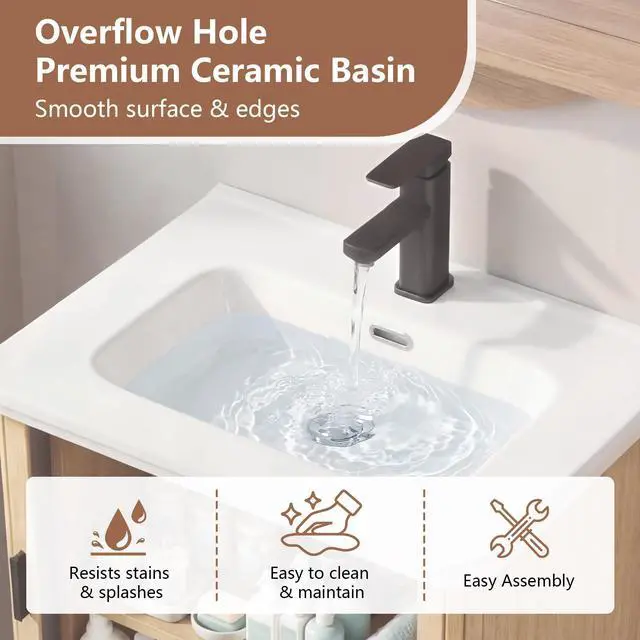 Alt view image 3 of 6 - 24 Inch Floating Bathroom Vanity with Sink, Wall Mounted Bath Vanity Combo with Fluted Sliding Doors, Small Space Bathroom Cabinet with Ceramic Vessel Sink, Faucet & Drain Included (Natural Oak)