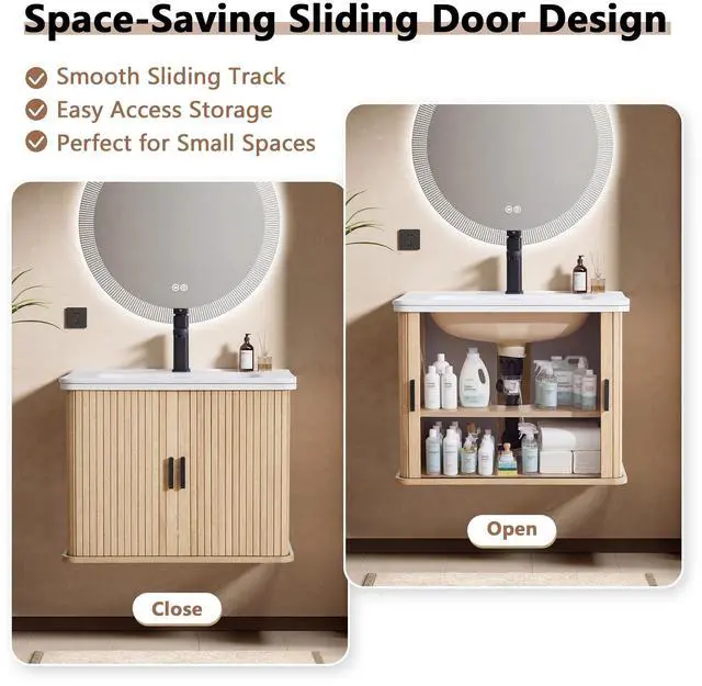 Alt view image 4 of 6 - 24 Inch Floating Bathroom Vanity with Sink, Wall Mounted Bath Vanity Combo with Fluted Sliding Doors, Small Space Bathroom Cabinet with Ceramic Vessel Sink, Faucet & Drain Included (Natural Oak)