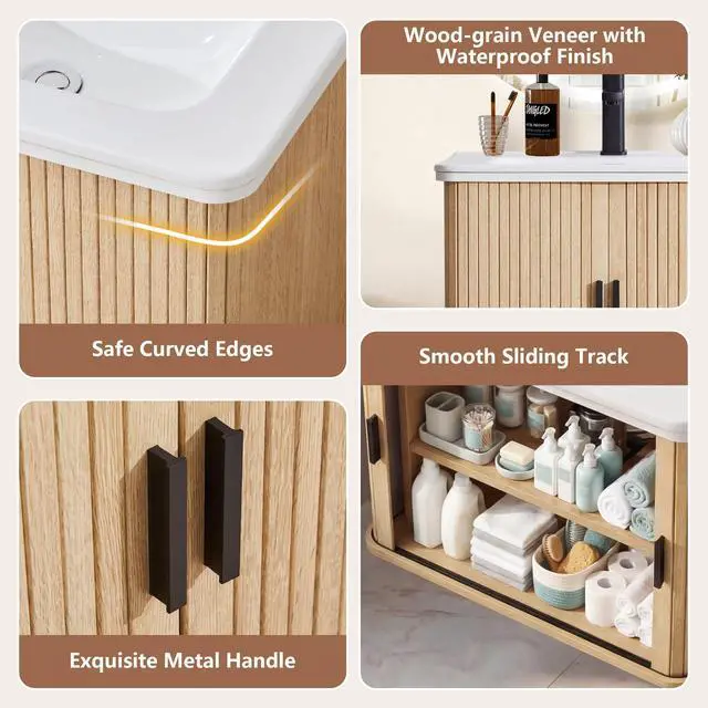 Alt view image 5 of 6 - 24 Inch Floating Bathroom Vanity with Sink, Wall Mounted Bath Vanity Combo with Fluted Sliding Doors, Small Space Bathroom Cabinet with Ceramic Vessel Sink, Faucet & Drain Included (Natural Oak)