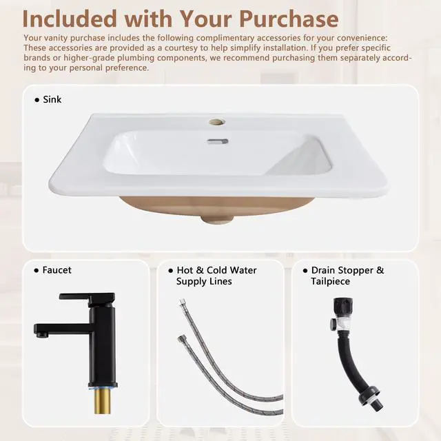 Alt view image 6 of 6 - 24 Inch Floating Bathroom Vanity with Sink, Wall Mounted Bath Vanity Combo with Fluted Sliding Doors, Small Space Bathroom Cabinet with Ceramic Vessel Sink, Faucet & Drain Included (Natural Oak)
