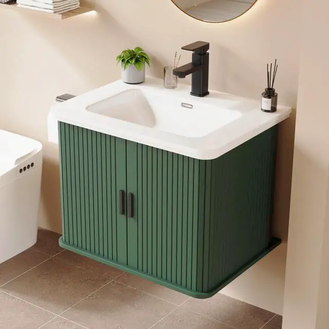 Main image of 24 Inch Floating Bathroom Vanity with Sink, Wall Mounted Bath Vanity Combo with Fluted Sliding Doors, Small Space Bathroom Cabinet with Ceramic Vessel Sink Drain Included (Green)