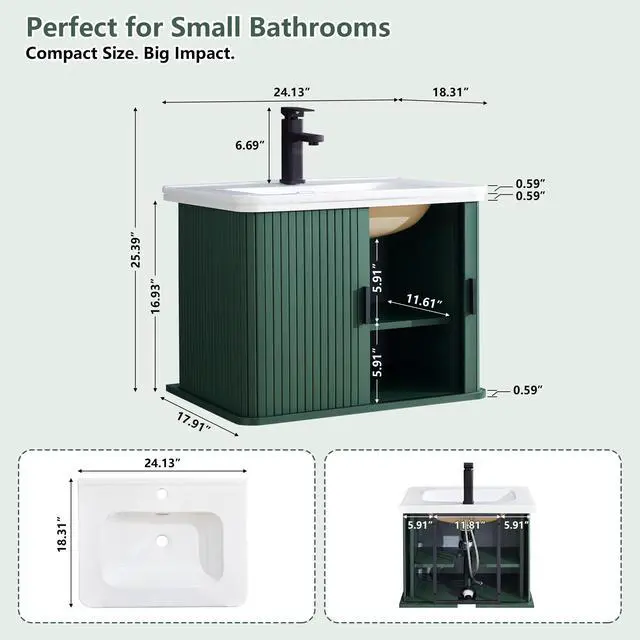 Alt view image 2 of 6 - 24 Inch Floating Bathroom Vanity with Sink, Wall Mounted Bath Vanity Combo with Fluted Sliding Doors, Small Space Bathroom Cabinet with Ceramic Vessel Sink Drain Included (Green)