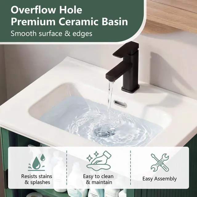 Alt view image 3 of 6 - 24 Inch Floating Bathroom Vanity with Sink, Wall Mounted Bath Vanity Combo with Fluted Sliding Doors, Small Space Bathroom Cabinet with Ceramic Vessel Sink Drain Included (Green)
