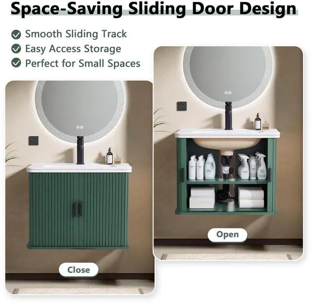 Alt view image 4 of 6 - 24 Inch Floating Bathroom Vanity with Sink, Wall Mounted Bath Vanity Combo with Fluted Sliding Doors, Small Space Bathroom Cabinet with Ceramic Vessel Sink Drain Included (Green)