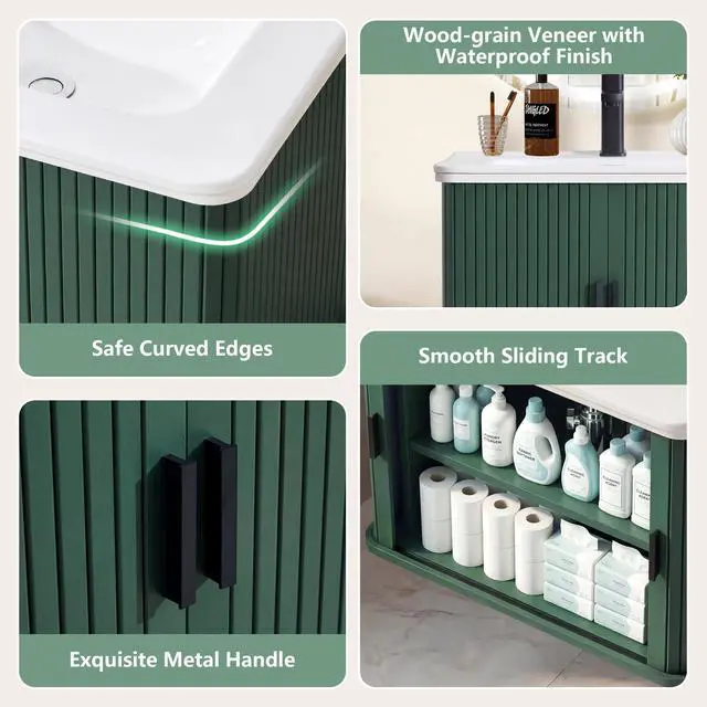 Alt view image 5 of 6 - 24 Inch Floating Bathroom Vanity with Sink, Wall Mounted Bath Vanity Combo with Fluted Sliding Doors, Small Space Bathroom Cabinet with Ceramic Vessel Sink Drain Included (Green)