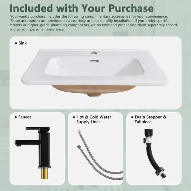 Alt view image 6 of 6 - 24 Inch Floating Bathroom Vanity with Sink, Wall Mounted Bath Vanity Combo with Fluted Sliding Doors, Small Space Bathroom Cabinet with Ceramic Vessel Sink Drain Included (Green)