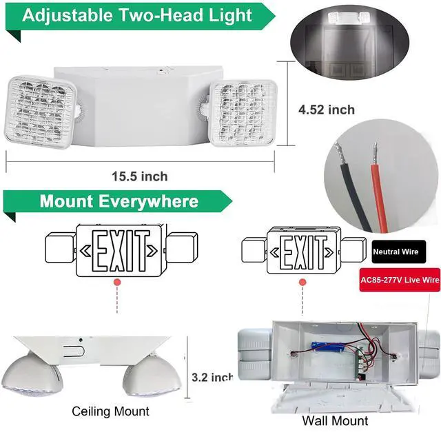 Alt view image 5 of 6 - 12 Pack Commercial LED Emergency Lights Fixture, Emergency Light with Battery Backup, Emergency Lights for Business Home power Failure, Two Adjustable Head Emergency Lighting, Hardwired 120-277V