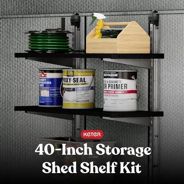 Alt view image 2 of 6 - Outdoor Shed Shelf Kit, Storage Organizer w/ Heavy Duty Brackets & Rails, 40, Black - Standing Wall Shelving Rack Unit for Home and Utility Organization