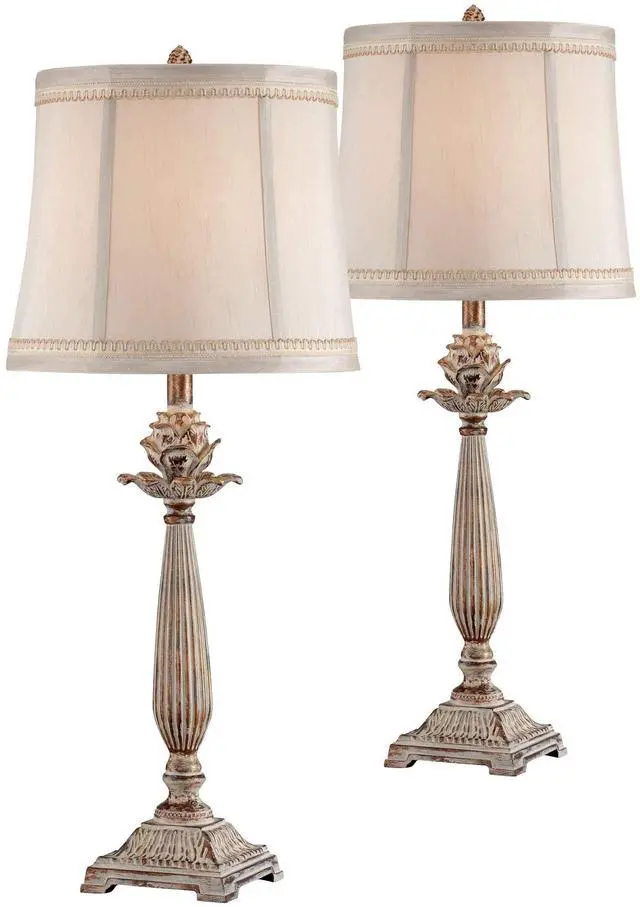 Main image of Shabby Chic French Country Table Lamps 28" Tall Set of 2 Antique White Washed Petite Artichoke Font Beige Fabric Bell Shade for Cottage Core Living Room Bedroom House Bedside Nightstand