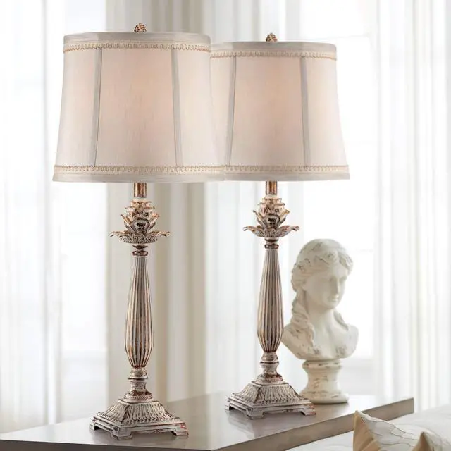 Alt view image 2 of 6 - Shabby Chic French Country Table Lamps 28" Tall Set of 2 Antique White Washed Petite Artichoke Font Beige Fabric Bell Shade for Cottage Core Living Room Bedroom House Bedside Nightstand